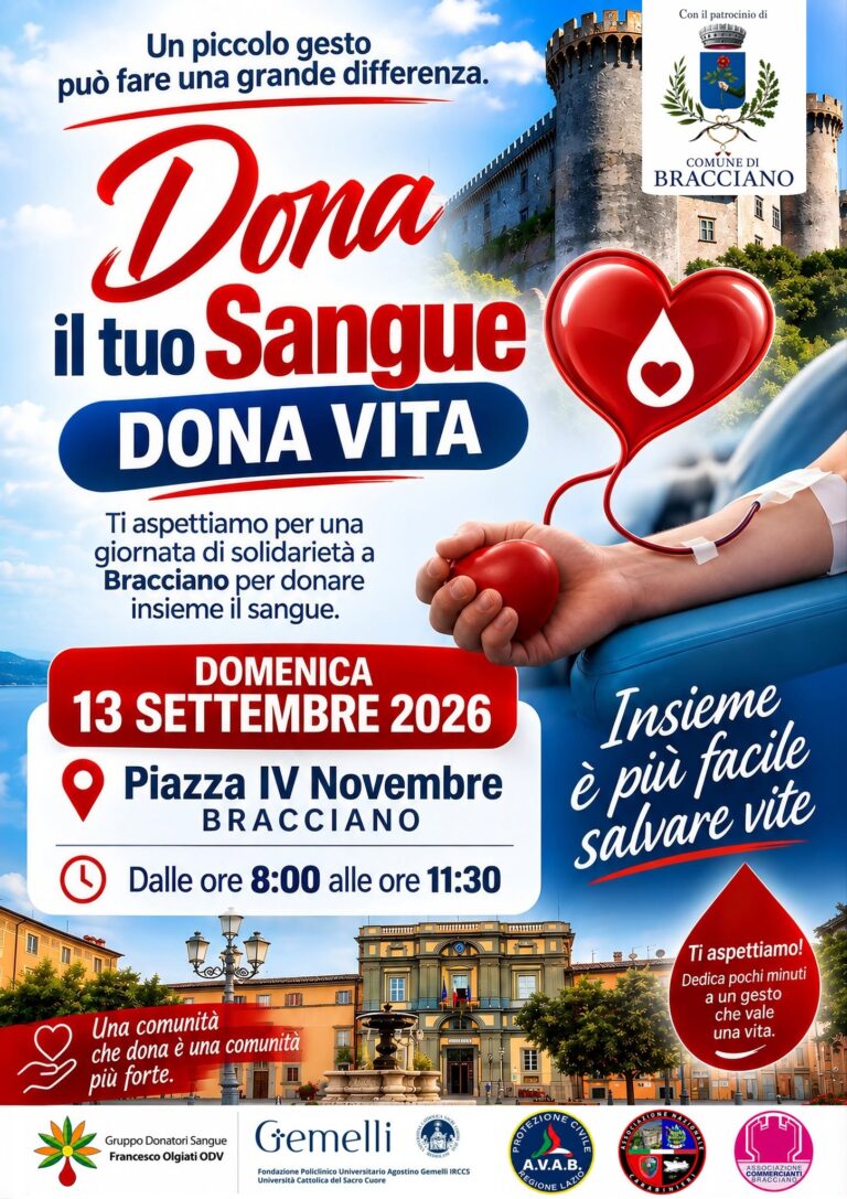 Bracciano, domenica 13 settembre torna la raccolta di sangue per il Policlinico Gemelli