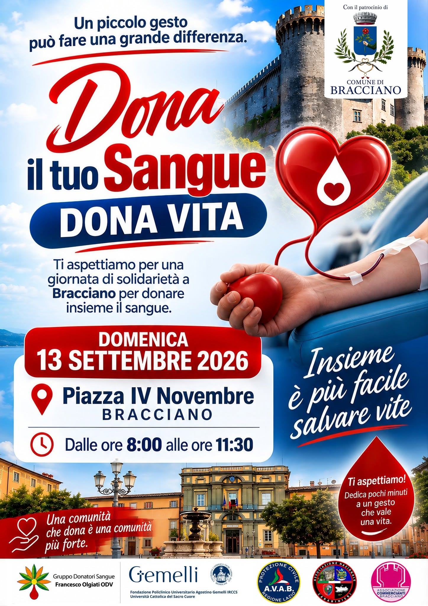 Bracciano, domenica 13 settembre torna la raccolta di sangue per il Policlinico Gemelli Bracciano, domenica 13 settembre torna la raccolta di sangue per il Policlinico Gemelli